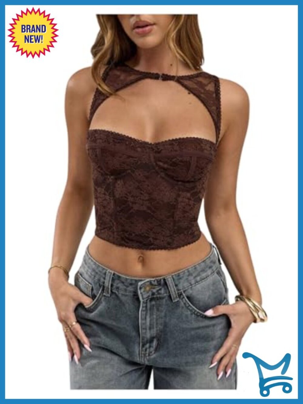 WDIRARA Cut Out Lace Crop Bustier Corset Tank Top